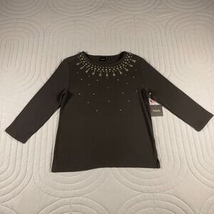 Rafaella Womens Blouse L Black Embellished Rhinestones Knit Top 3/4 Sleeve NWT